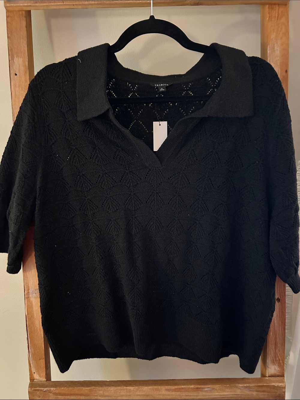 Talbots Black Openwork Knit Polo Top